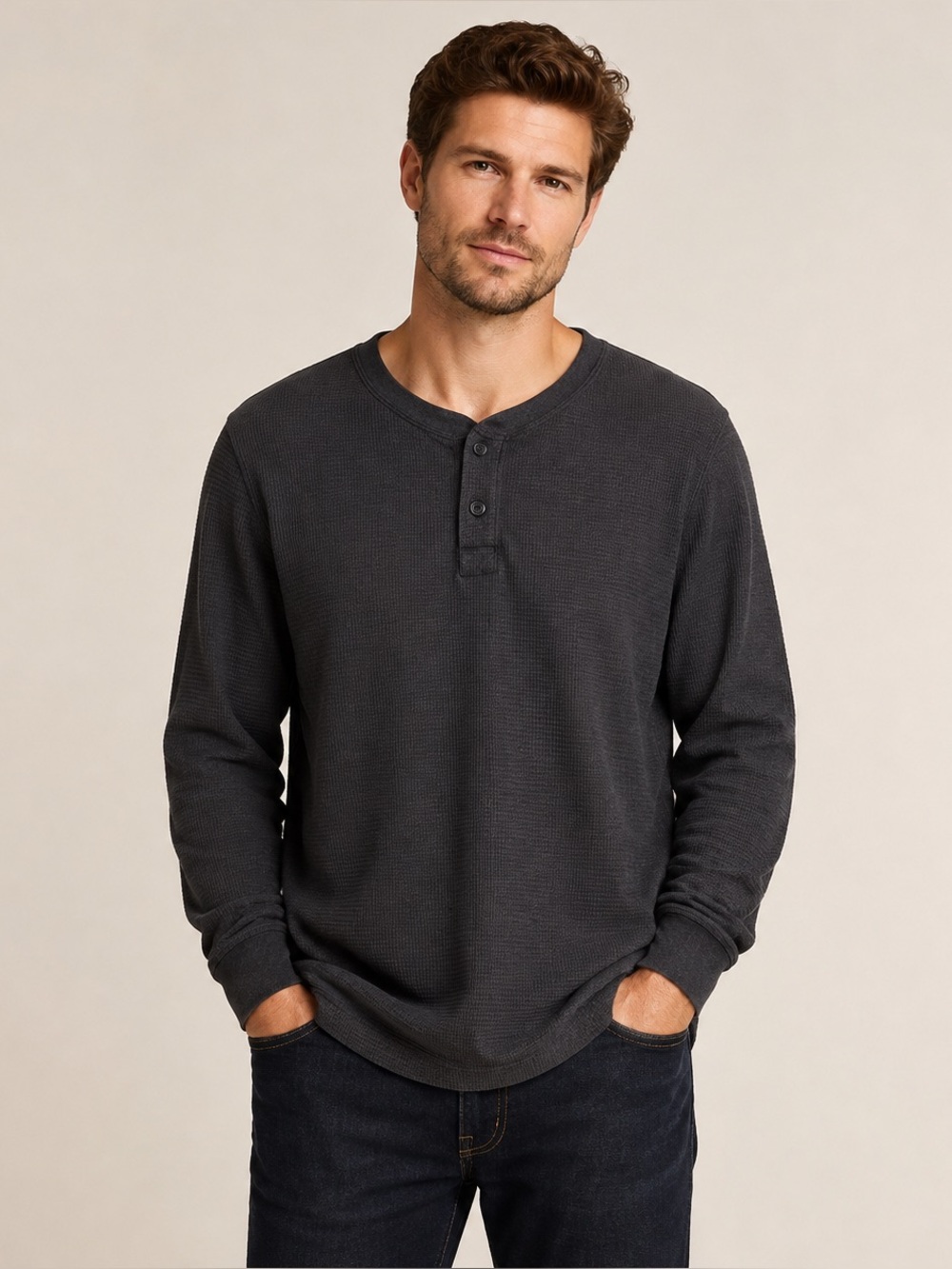 Faded Glory Dark Gray Long Sleeve Henley Mens Size XL